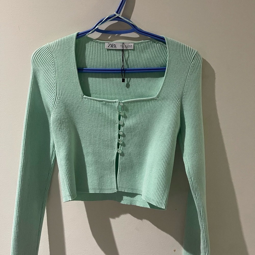 Zara Mint Green Ribbed Long Sleeve Blouse